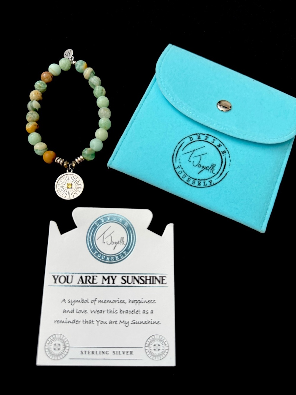 T. Jazelle Green and Brown Beaded Stretch Bracelet with Sunburst Charm - NEW - Picture 2 of 9